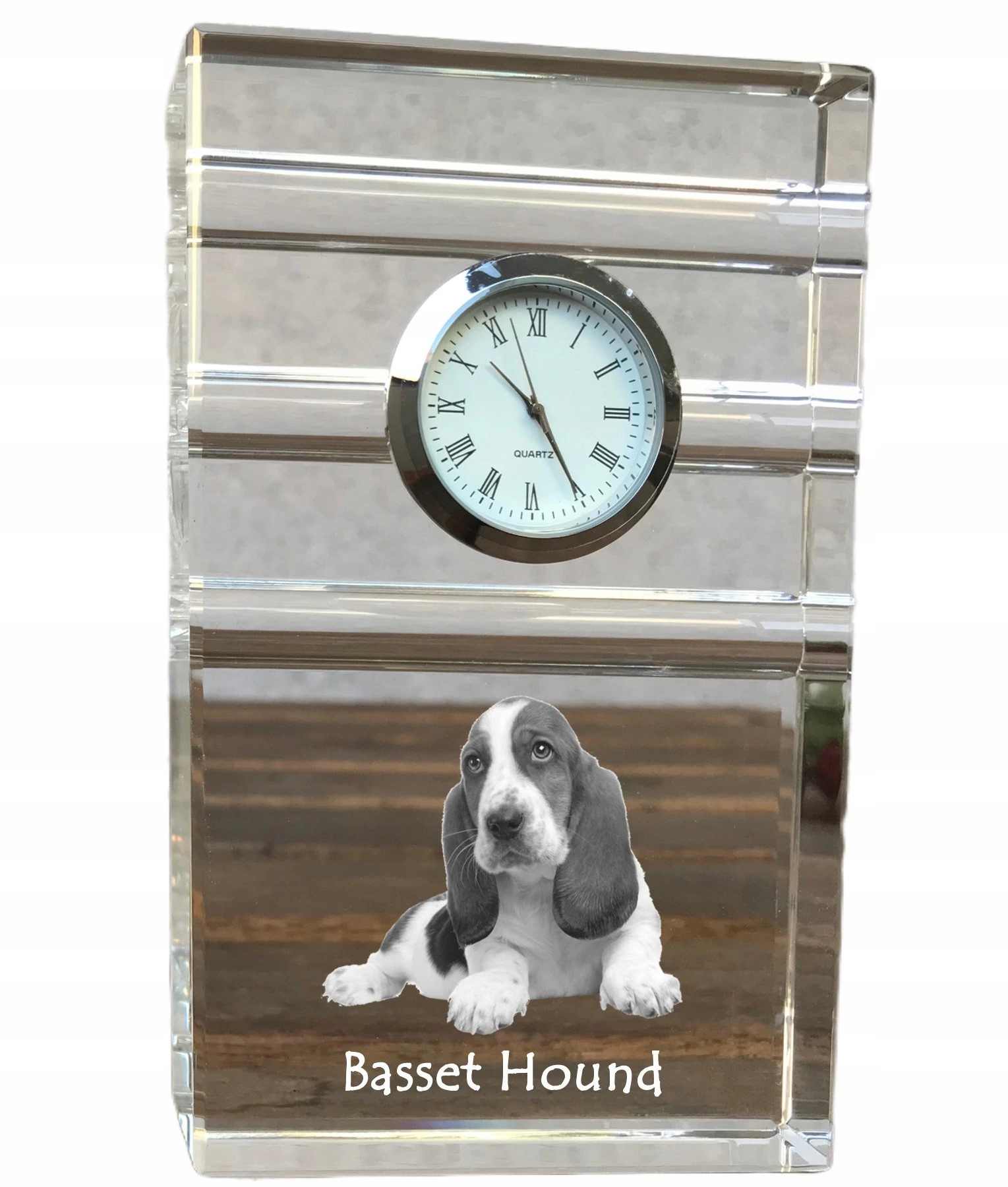 Basset Hound krištáľové stolové hodinky so psom, s vašou fotografiou