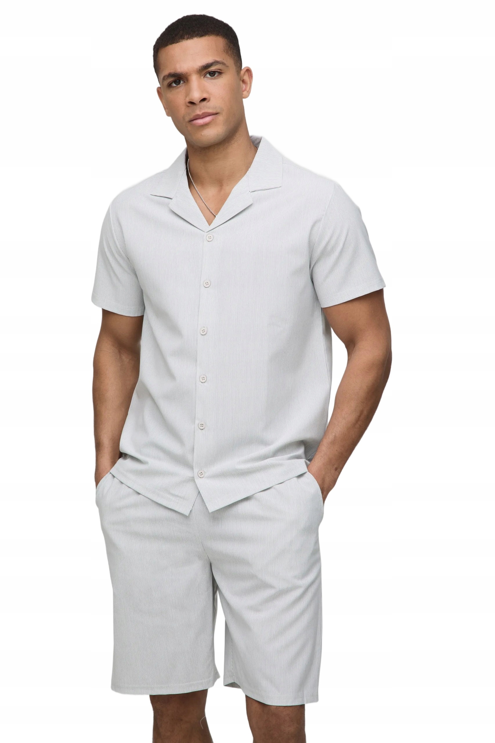 Boohooman Komplet Pánská Košile A Pruhované Šortky Šedá Melanžová Barva Z3A