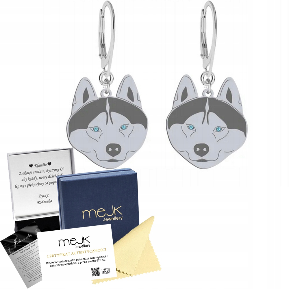 Stříbrné Náušnice se psem Siberian Husky 925 Šperky Dárek Dedikace