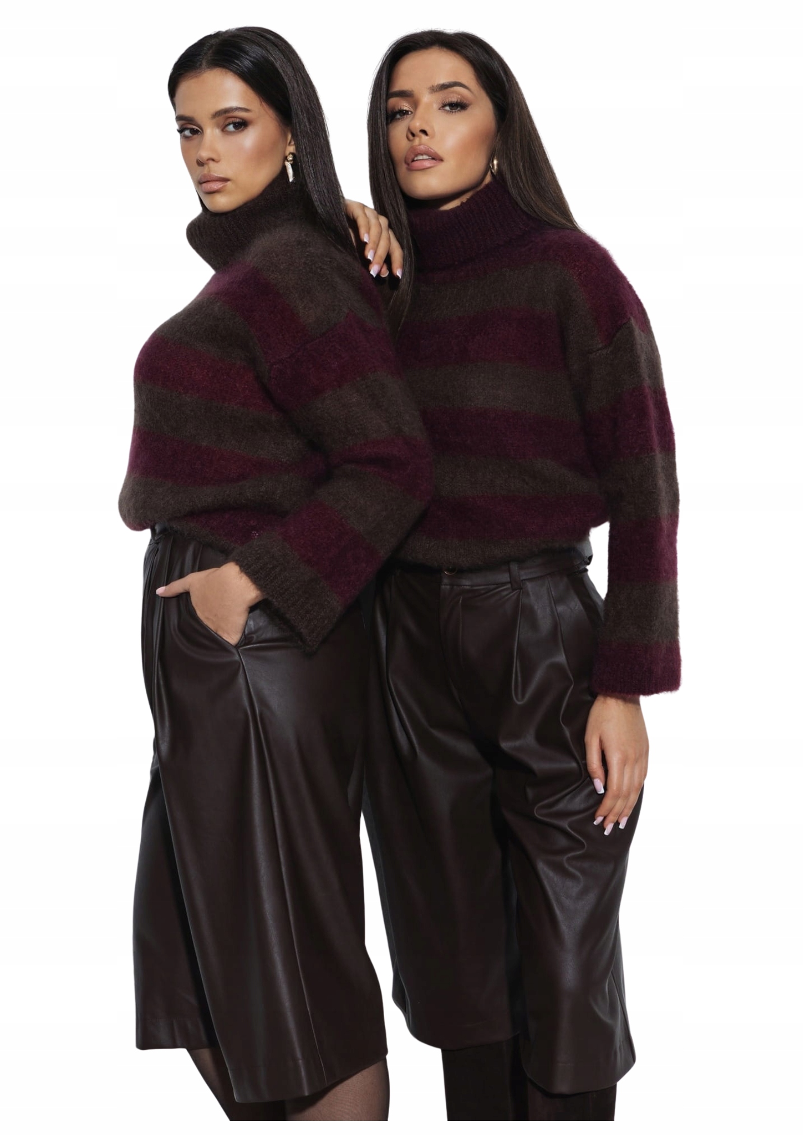 Golf s pruhy z mohéru Yarn vínovo-čokoládový