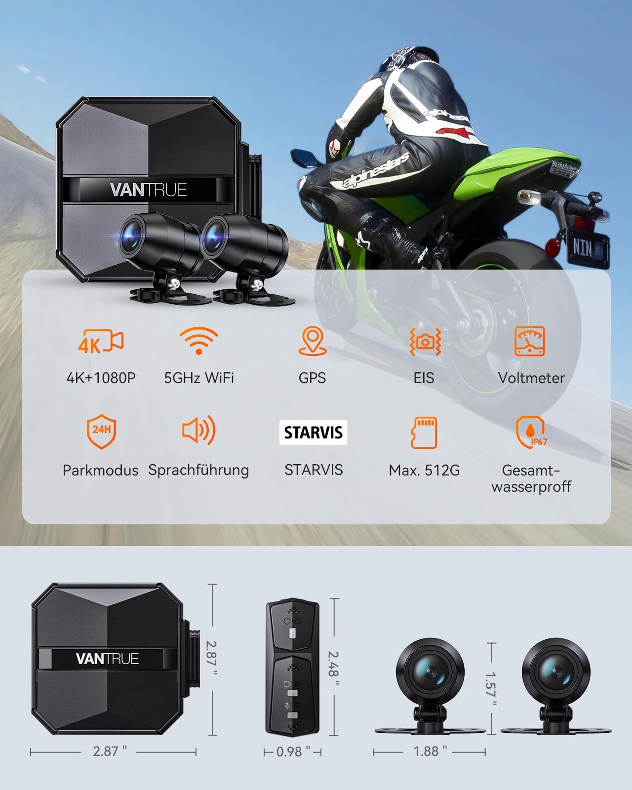 VANTRUE F1 Kamera Motocyklowa 4K 1080P WiFi GPS Wodoodporna Nocna Wizja — miniatura 4