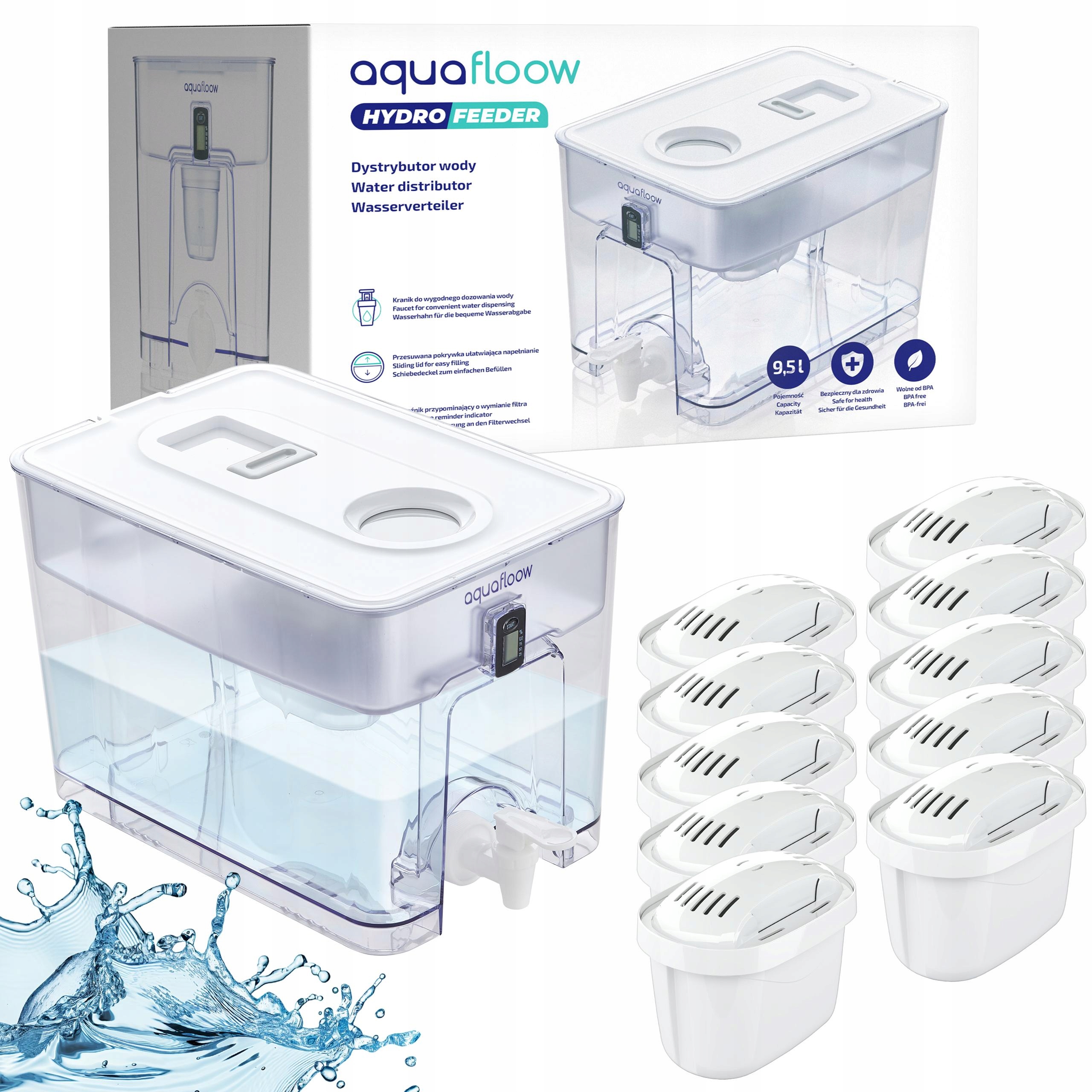 AquaFloow: filtračná kanvica XL 9,5 l, veľký rozdeľovač vody 10 x filter