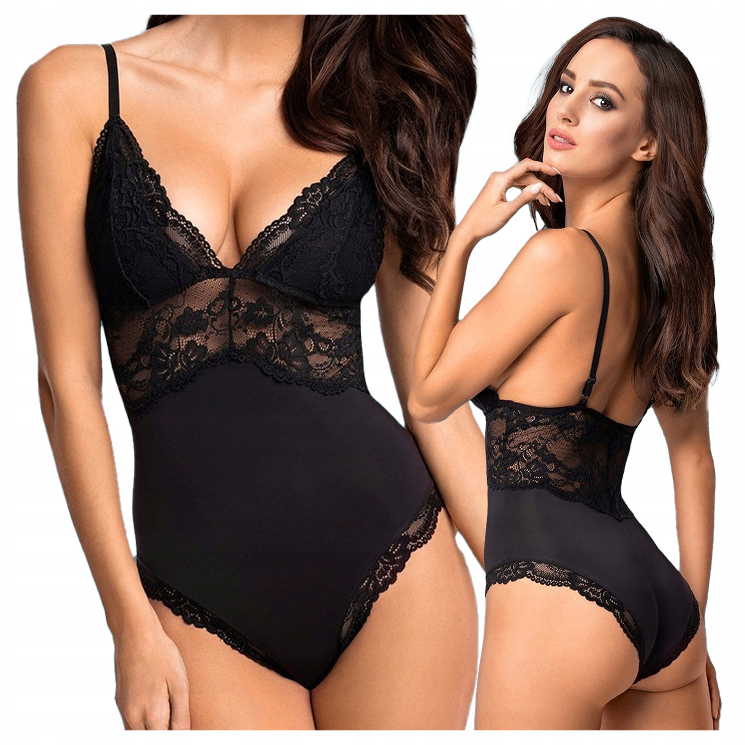 Klasické body s krajkou na ramínka, zapínání v rozkroku, černé, velikost 2XL/3XL
