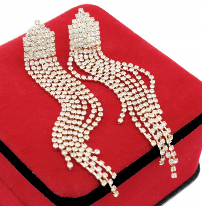 KLIPSY ZŁOTE DŁUGIE ELEGANCKIE SZKLANE CYRKONIE WZ 8