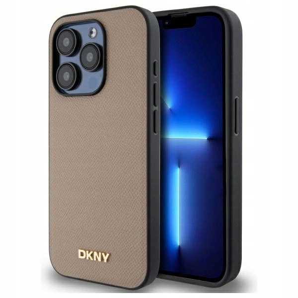 Pouzdro Dkny Grained Metal Logo MagSafe pro iPhone 15 Pro Max béžové