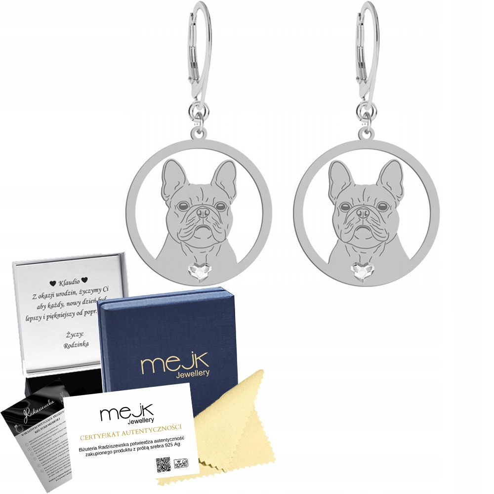 Stříbrné Náušnice Francouzský Buldoček 925 Šperky Dárek Gravírování Bonus
