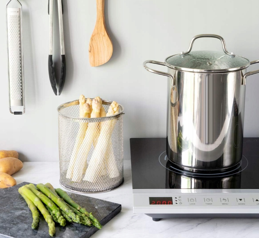 DUŻY GARNEK DO SZPARAGÓW FRYTEK Z SITEM SZYNKOWAR Kolor srebrny