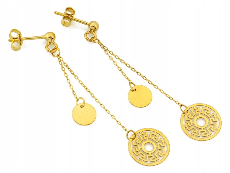 Zlaté náušnice 585 dlouhé závěsné s prolamovaným kroužkem, řecký vzor, dárek