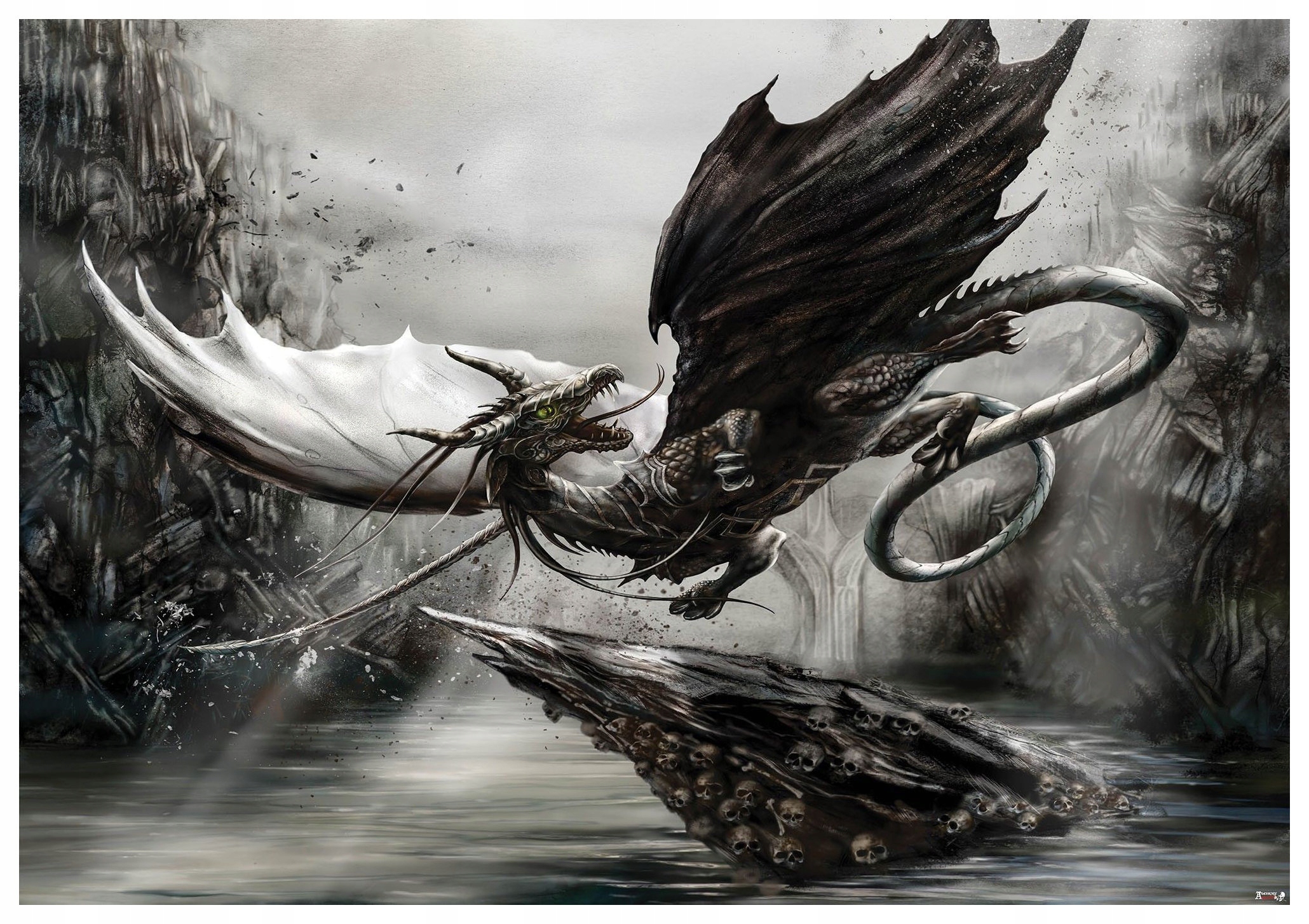 Vliesová fototapeta Drak lebky Temnota Skály Tma Voda 416x254 lepidlo