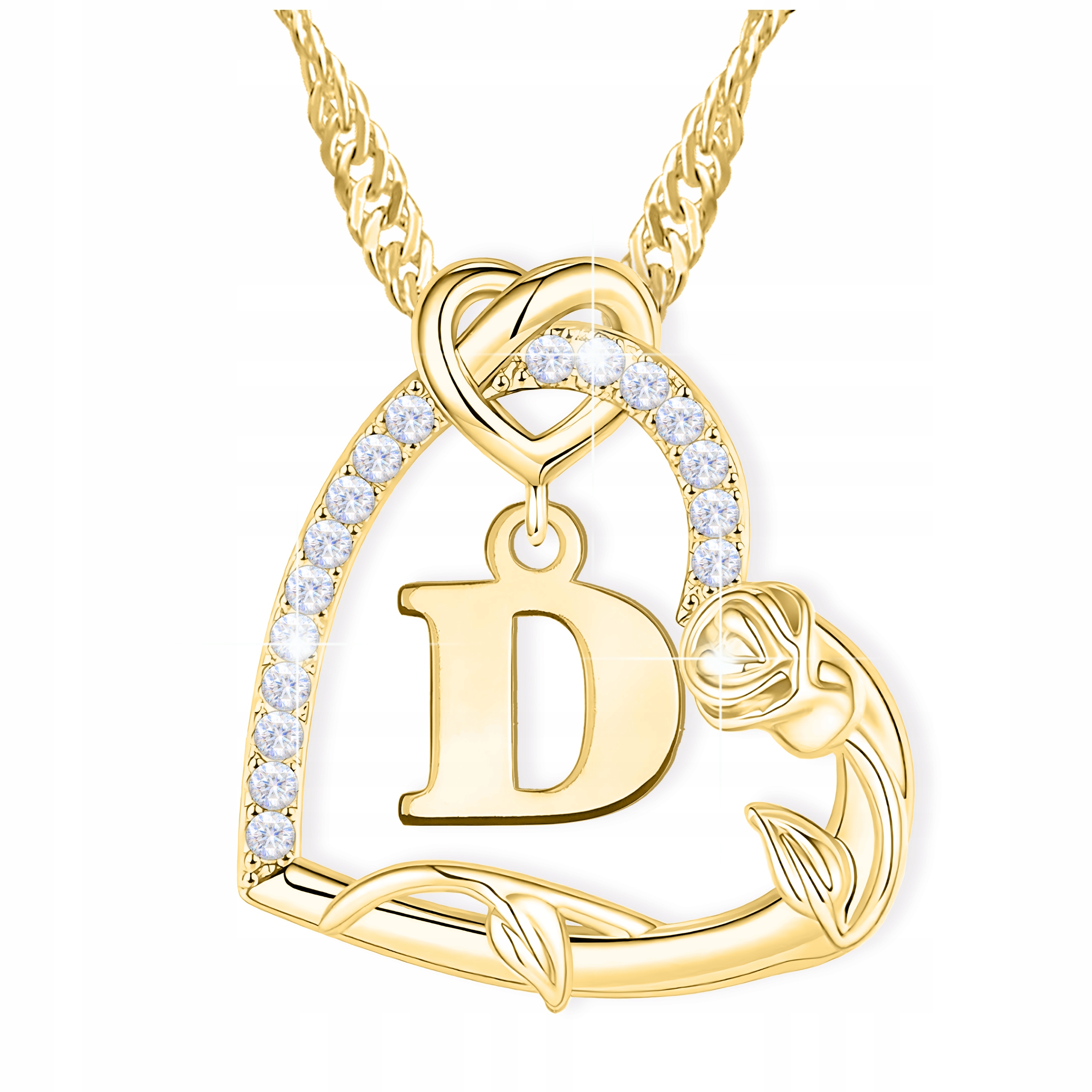 Zlatý náhrdelník s písmenem D Srdce s zirkony Květina Růže Stříbro 925