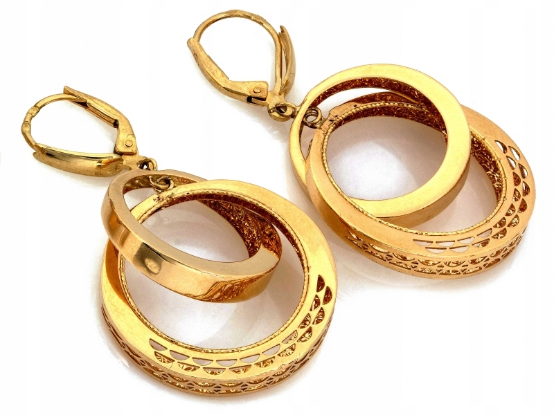 Anglické zlaté Náušnice 585 14kt závěsné, dva kruhy zdobené ažurem 5.54g