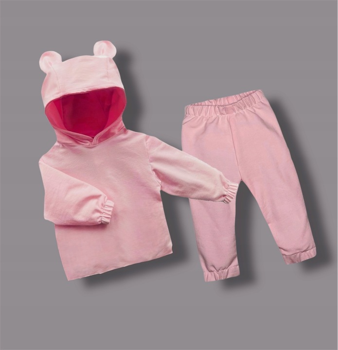 98 Komplet dresowy RÓŻ dziecięcy BLUZA SPODNIE z kapturem uszka BAWEŁNA Rozmiar 98