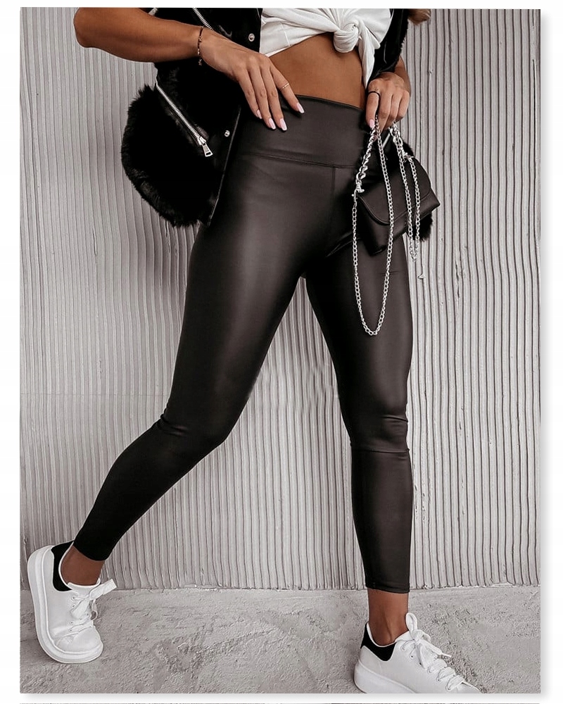 LEGGINSY SKÓRZANE WOSKOWANE MODELUJĄCE SLIM MAT Z WYSOKIM STANEM #4XL Kolekcja Z IMITACJI SKÓRY