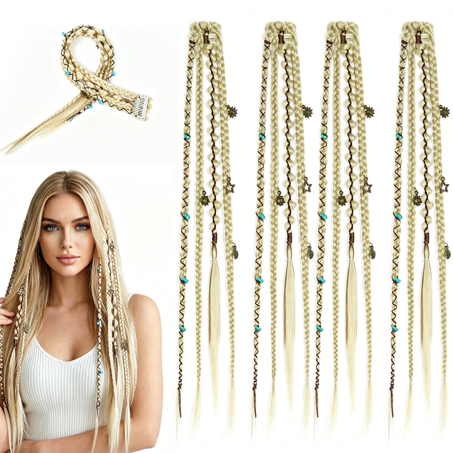 Prodlužování Vlasů V Boho Stylu, Kudrnaté Syntetické Blond Copánky 50 CM