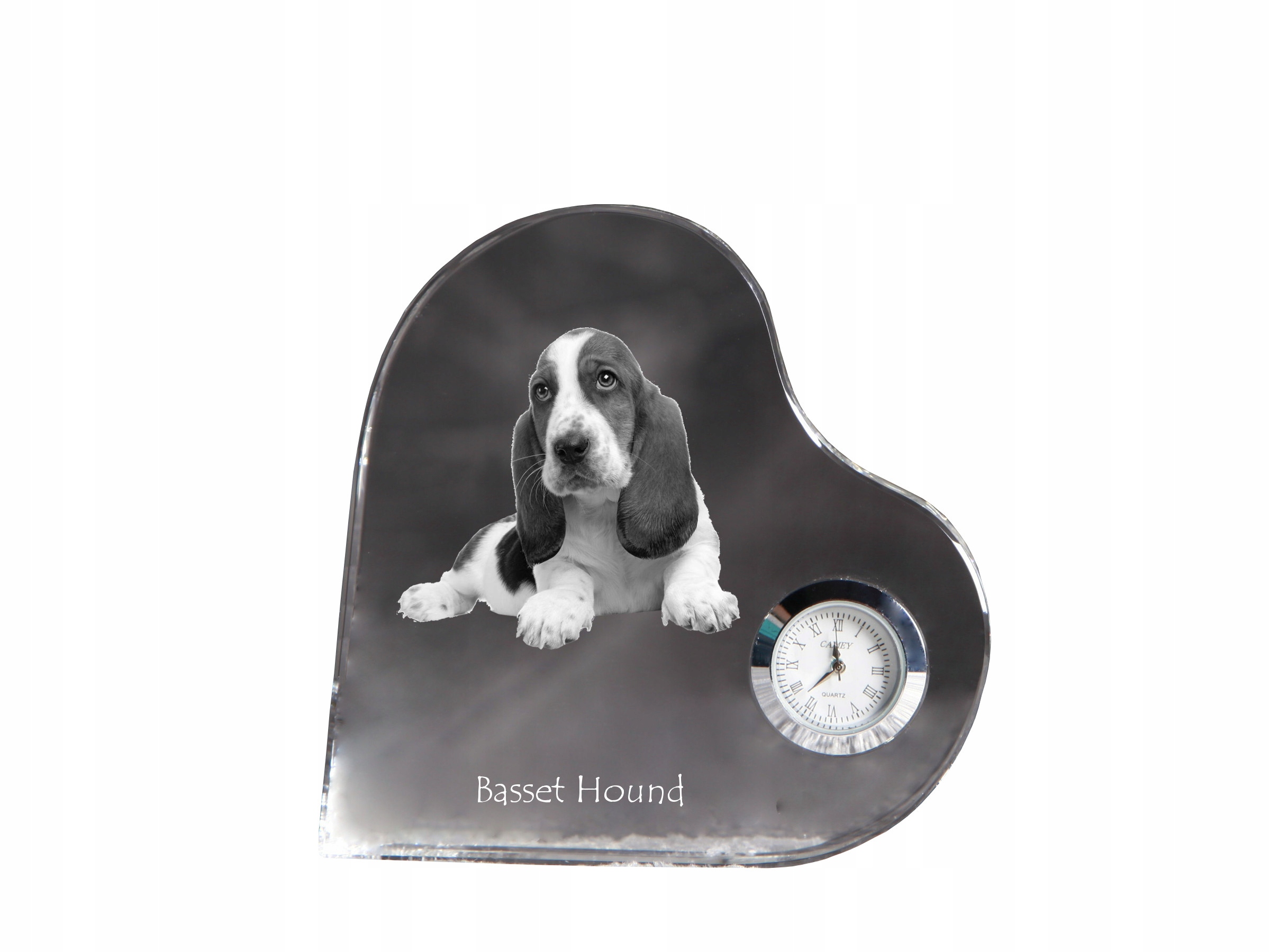 Basset Hound – krištáľový hodinový strojček v tvare srdca s vašou fotografiou