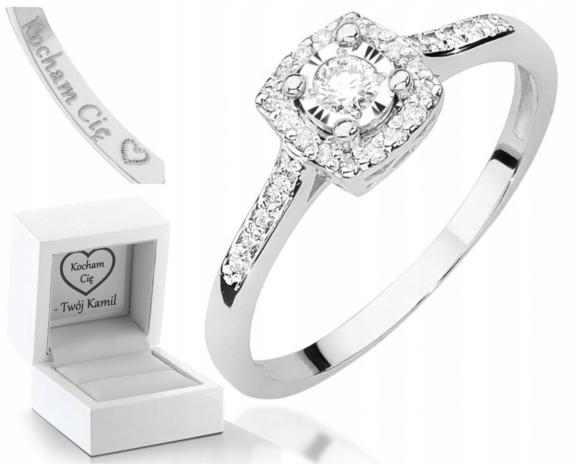 Prstýnek Bílé Zlato Diamanty Gravírování 585