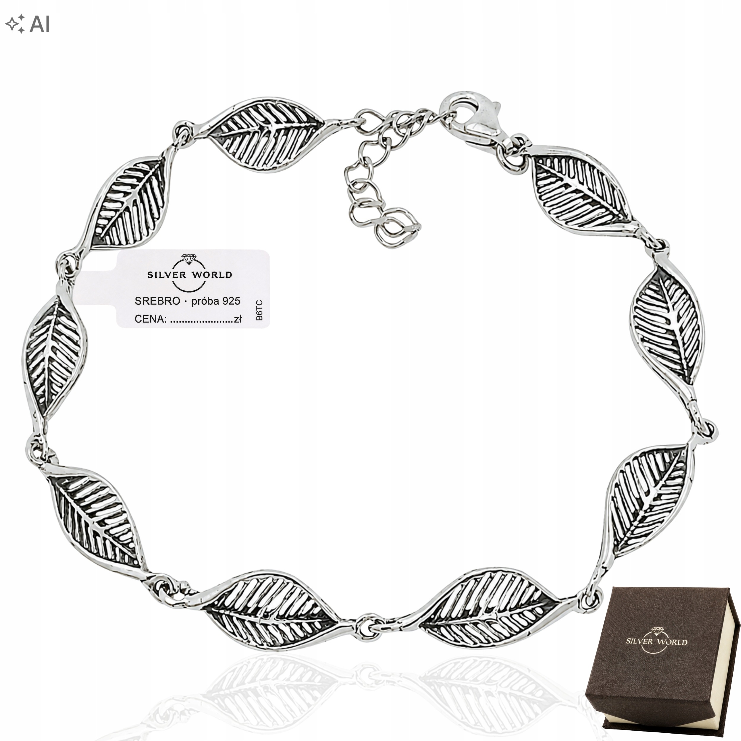 Stříbrný Náramek 925 Dámský Elegantní Lístky Oxidovaný Gravírování Bonus