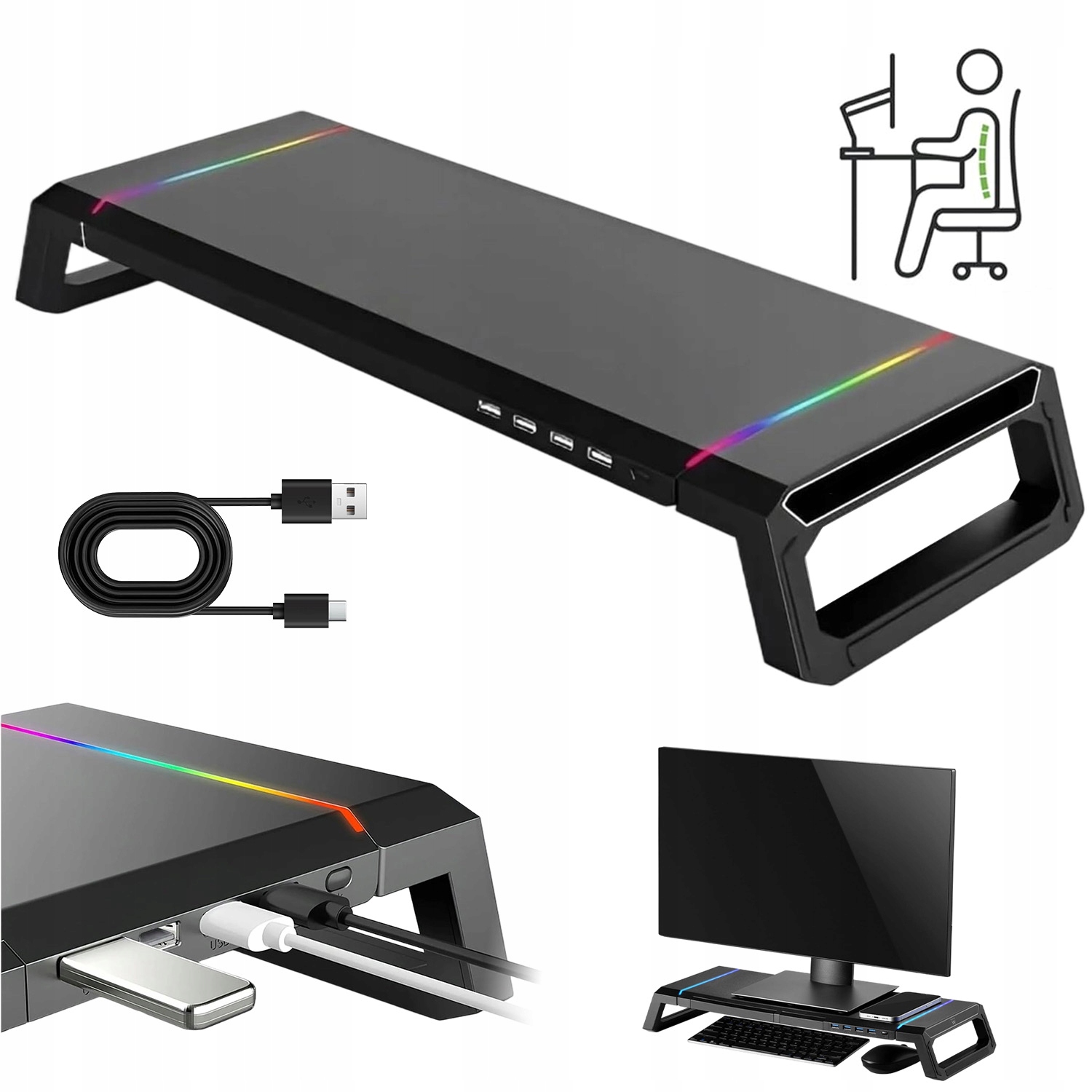 Monitor Stand Rgb Osvětlení 4 Porty Usb Úložný Prostor Držák Pro Telefon