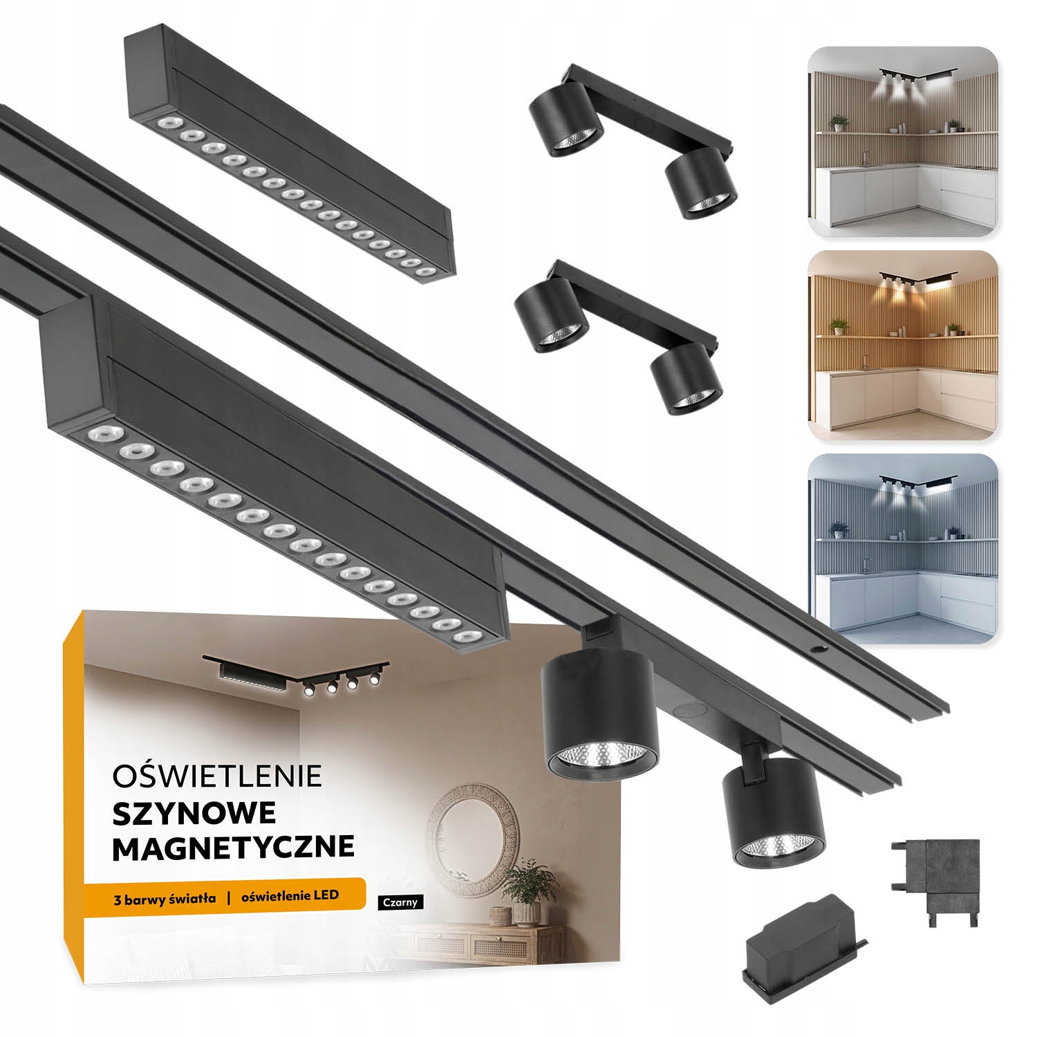 Magnetické koľajnicové osvetlenie 2xSZYNA 1 m +15 W a 2x2x7 W čierne 5 rokov záruka