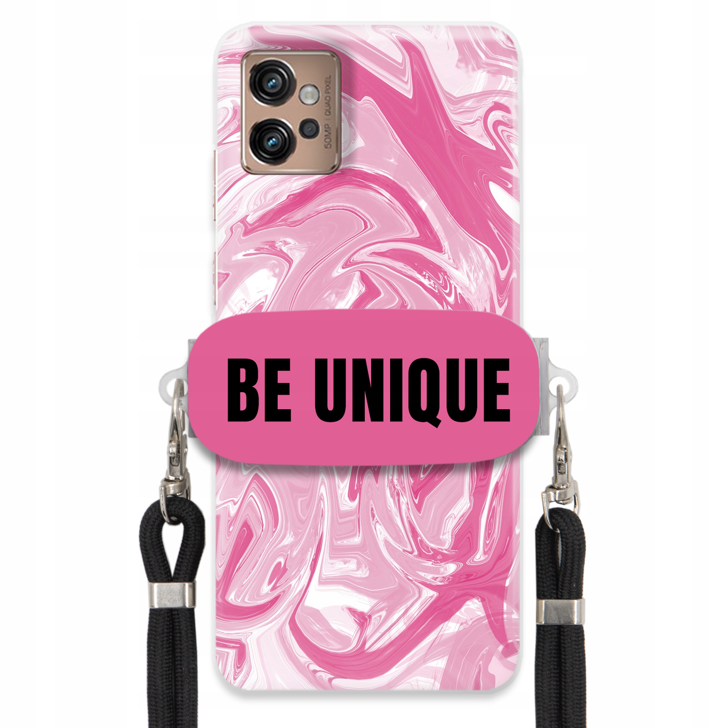 Puzdro na Motorola G32 držiak na šnúrku Čierna Ružová Mramor Be Unique