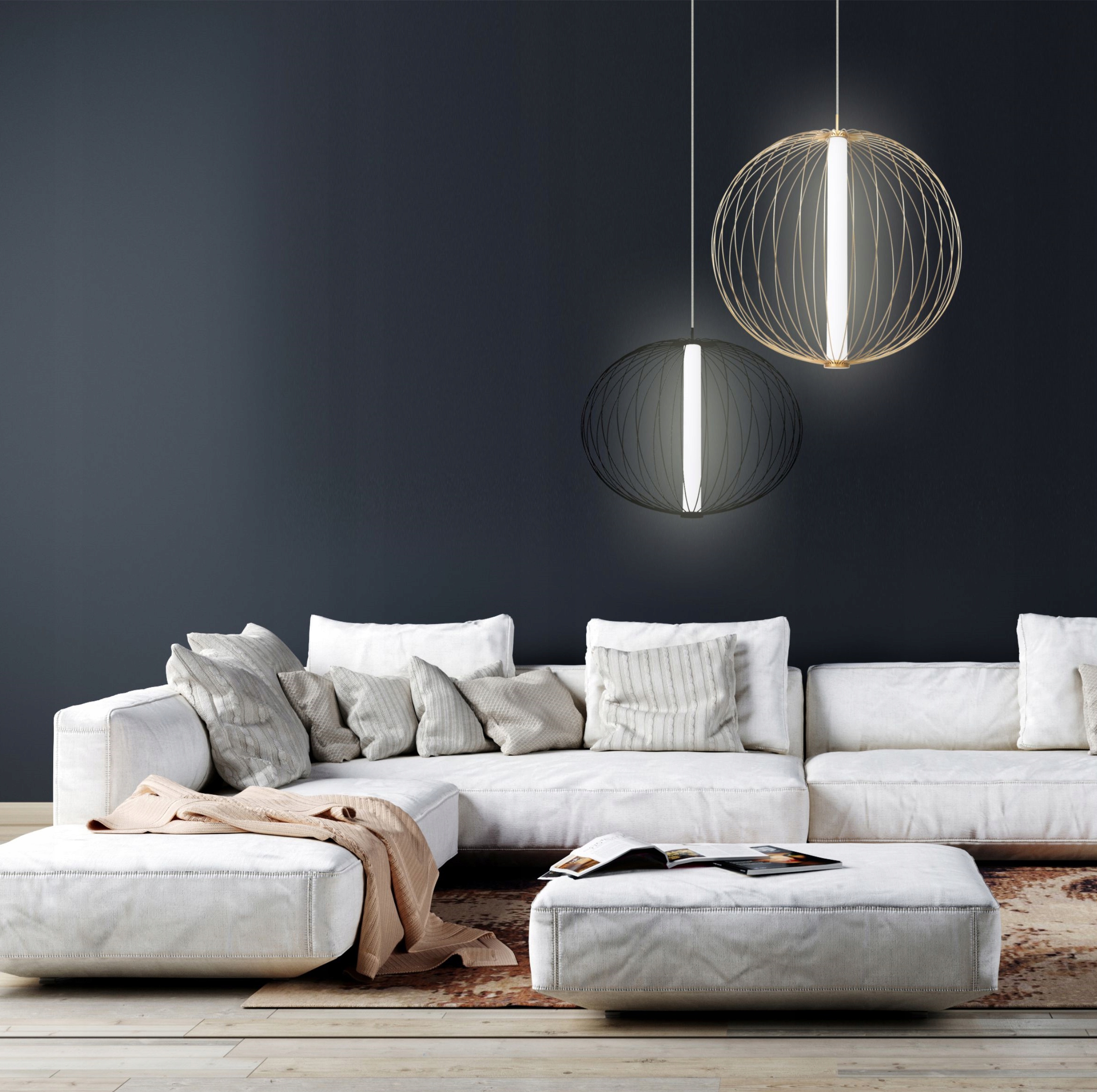 Moderní zlatá lampa s kulatými drátky do obývacího pokoje nad pohovku Treviso