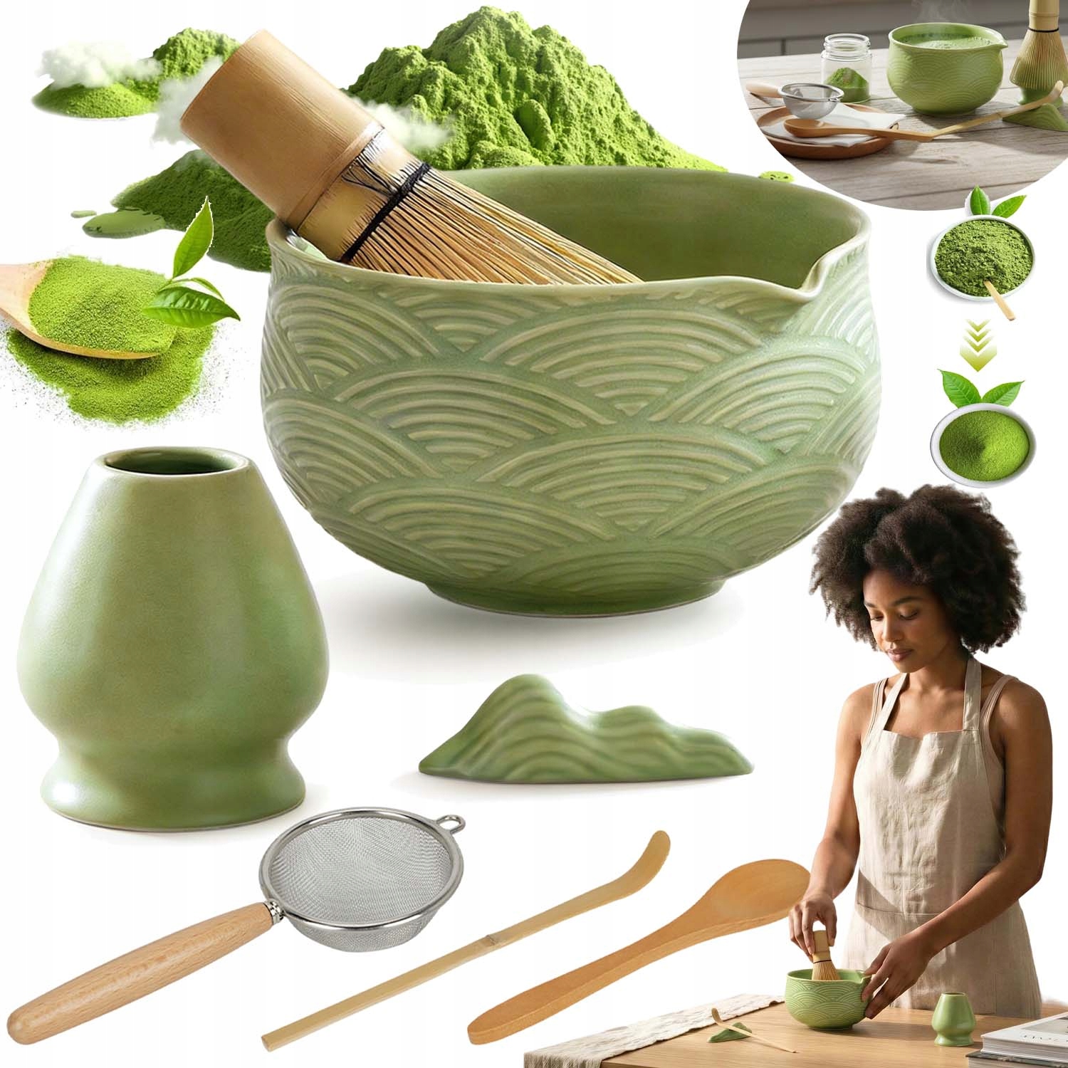Bambusowy Zestaw Do Robienia Matchy Trzepaczka Łyżka Przesiewacz Matcha