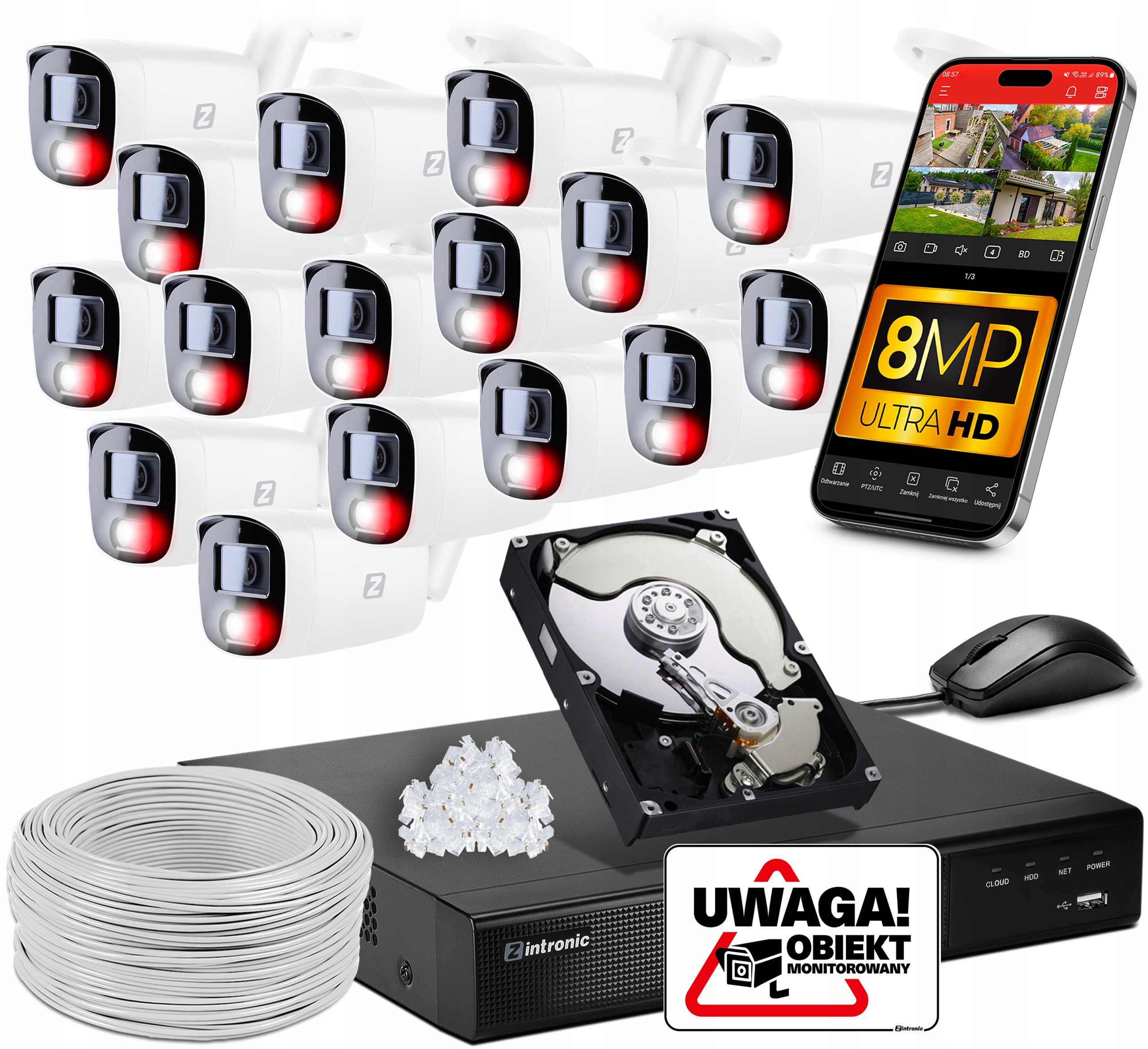 Monitorovací sada 16 kamer 4K 8MPx Poe Audio rekordér Detekce Disk 8TB