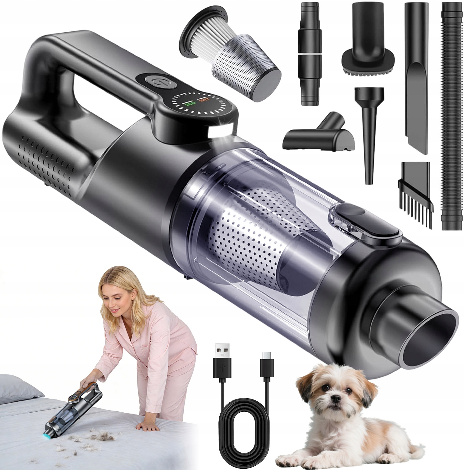 Vysavač Ruční Bezdrátový Akumulátorový Automobilový Výkon 17000PA Černý