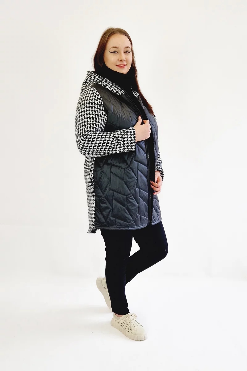 Lehká Pepitková bunda s kapucí Černobílá 46