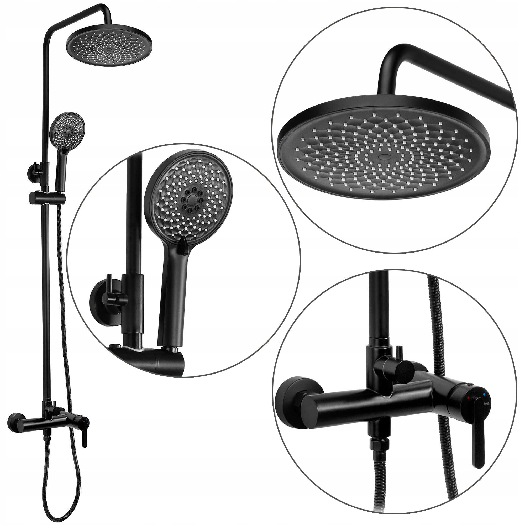 Čierny nástenný sprchovací set Rea Ontario Okrúhla dažďová sprcha 20 cm