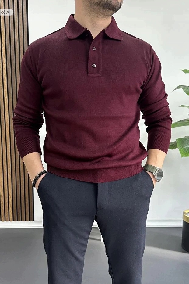 Pánský Polo Svetr Hladký Vínový Melír XXL 5IA