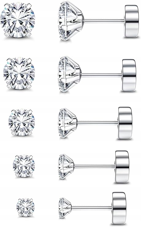 5 párů náušnic 18G Nerezová Ocel Zirkon Helix Šroubovací Stříbro