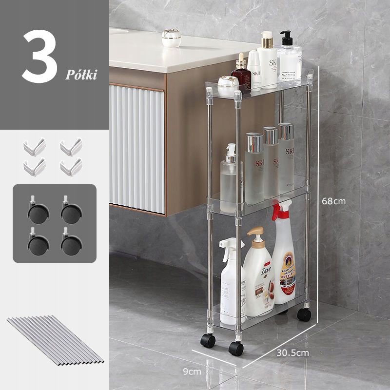 PÓŁKA ŁAZIENKOWA NA KÓŁKACH WĄSKA KUCHENNA SZAFKA ORGANIZER REGAŁ 9cm3PÓŁKI Materiał inny