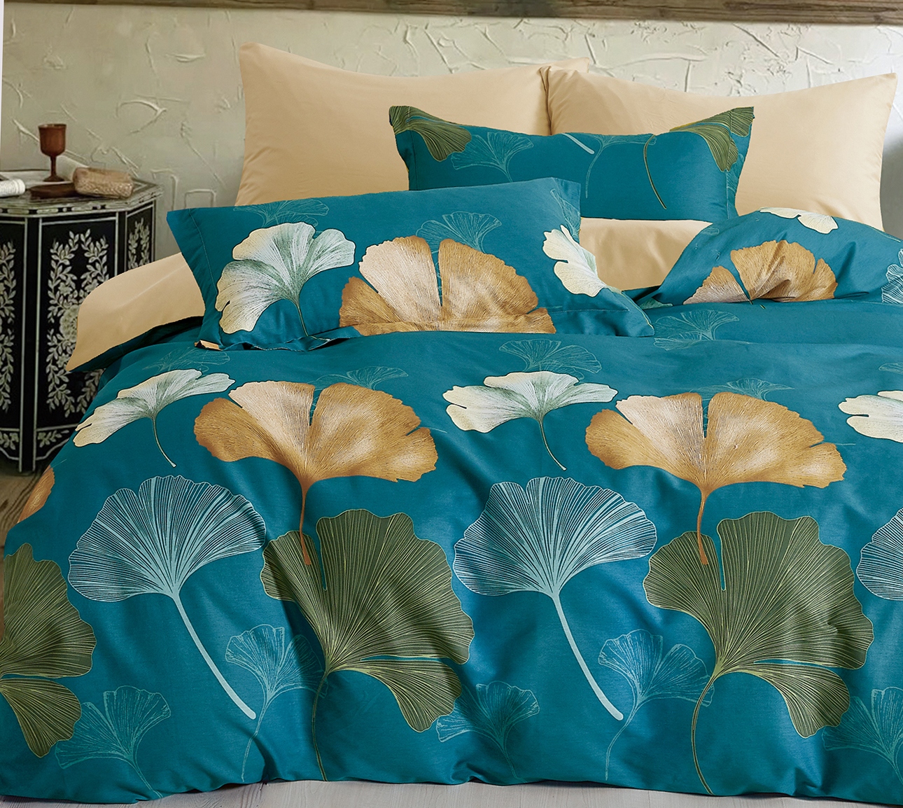 3dílná sada povlečení na peřinu s polštáři z bavlny s motivem listů ginkgo v tyrkysové barvě 220×200 cm