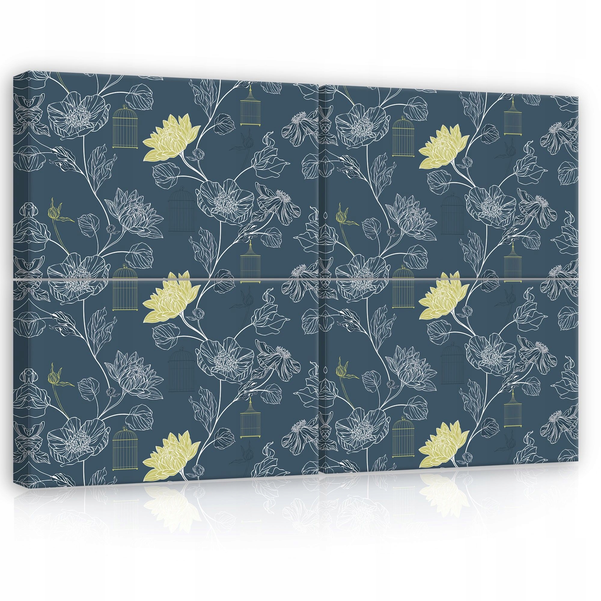 Obraz 120x80 modulárny kvety klietky vtákov tmavomodrý biely žltý elegantný