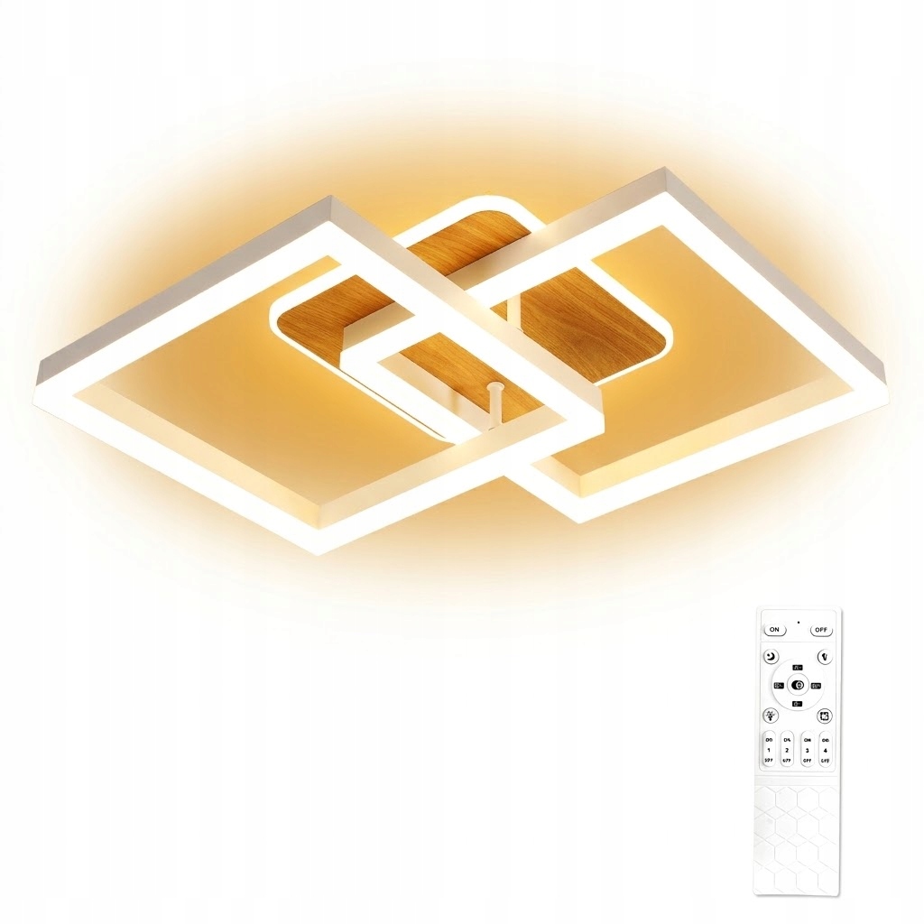 Lampa Sufitowa Led Plafon Biały+drewno Kwadrat Nowoczesna Z Pilotem 40W