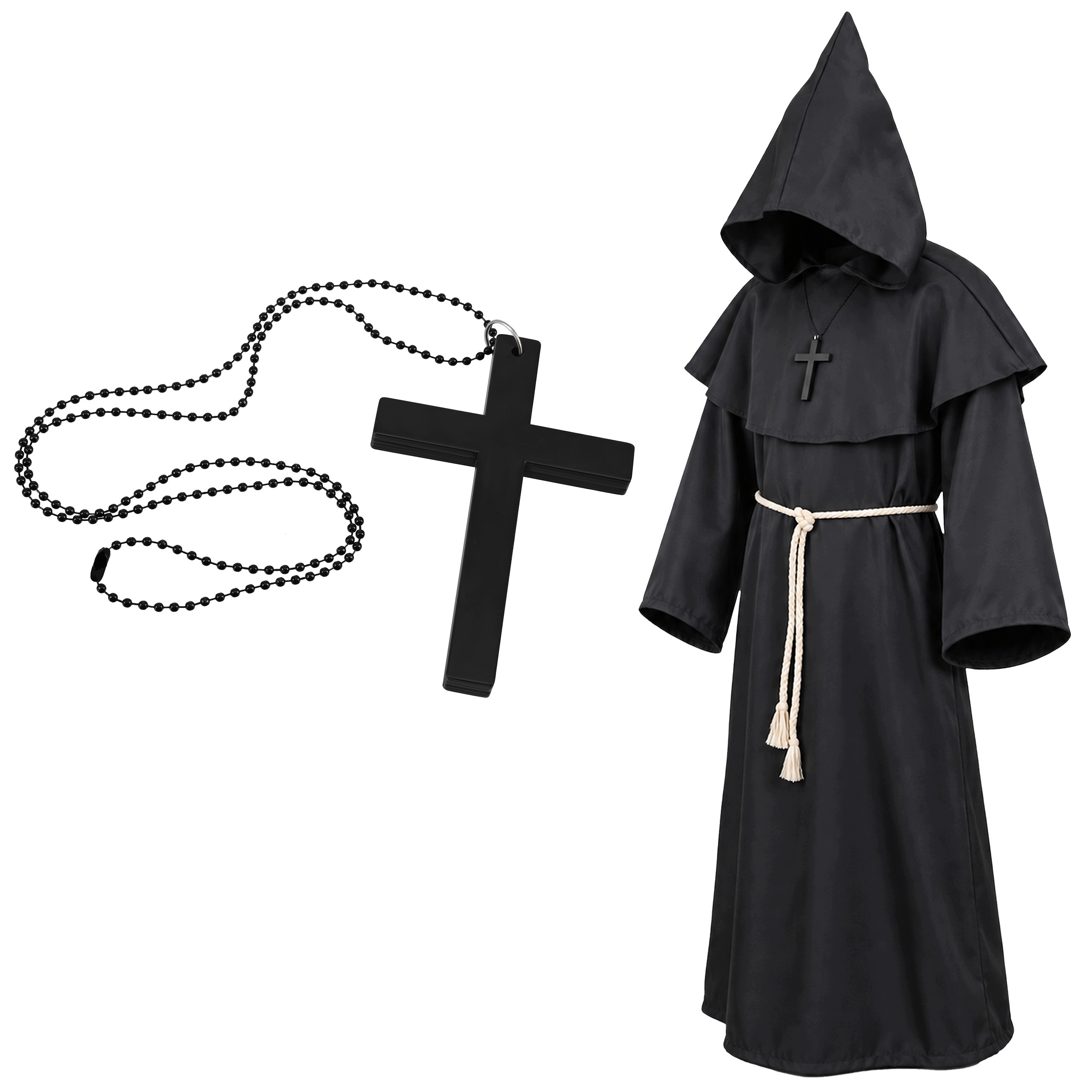 Kostým Mnicha Kněz Halloween Habit Řádník Kapuce Kříž Převlek 130 cm