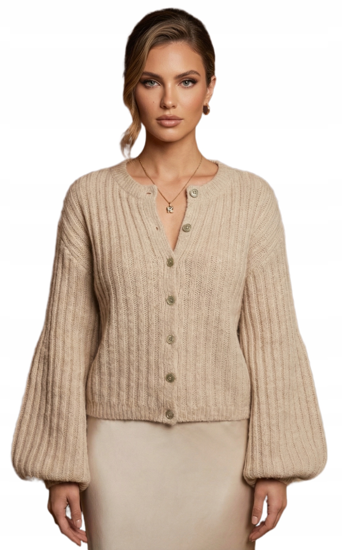 Elegantní béžový rozepínací svetr typu kardigan s bufiastými rukávy