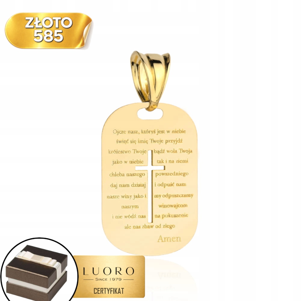 Zlatý Medailon 585 14K Kříž S Modlitbou Otče Náš 25,5 MM Elegantní