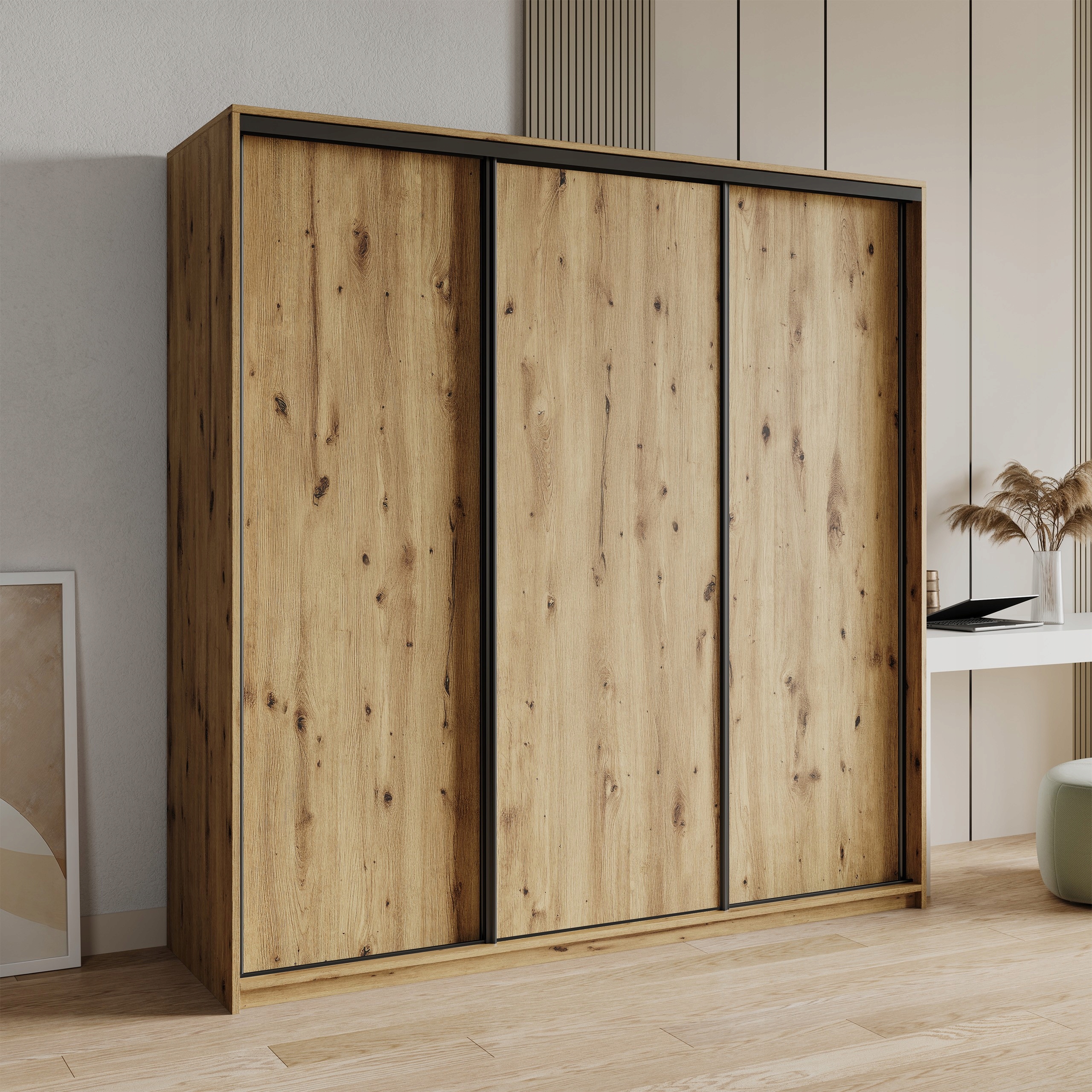 Skříň Třídveřová Nisse 200 cm Zásuvky Dub Artisan Černá