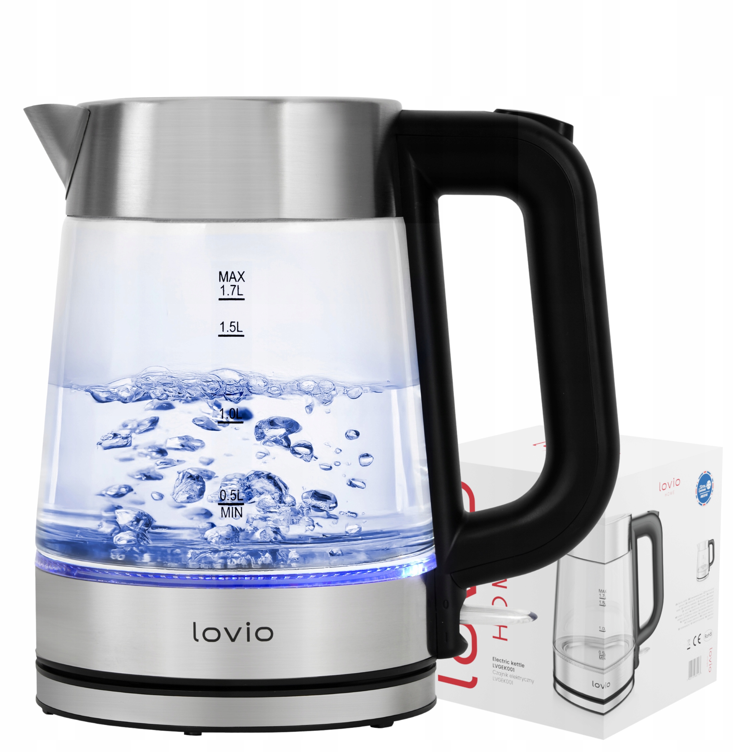 Czajnik Elektryczny bezprzewodowy Szklany stalowy Led 1,7l mocny 2200W Inox