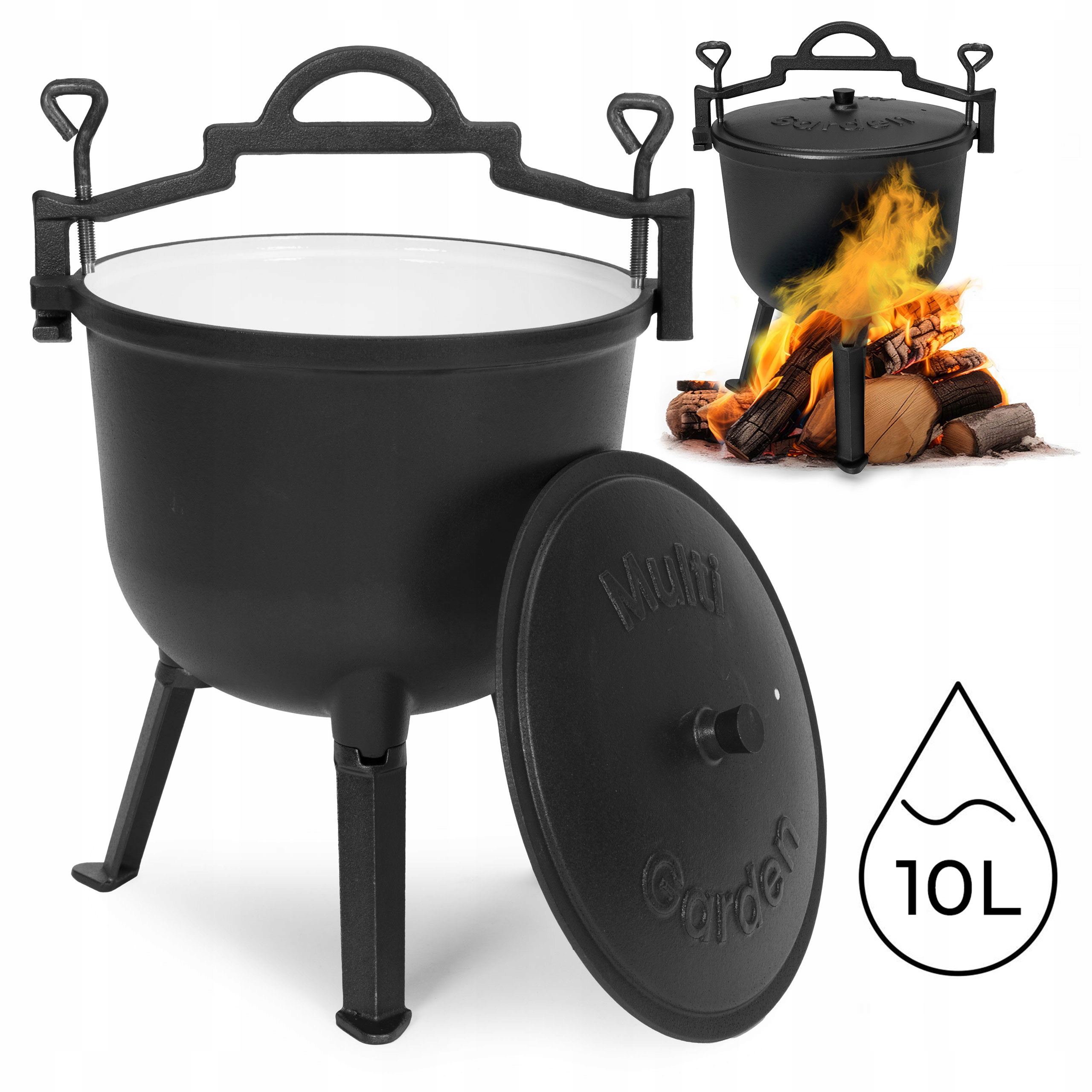 Liatinový smaltovaný kotlík 10 l, stojaci lovecký hrniec, ohnisko, gril