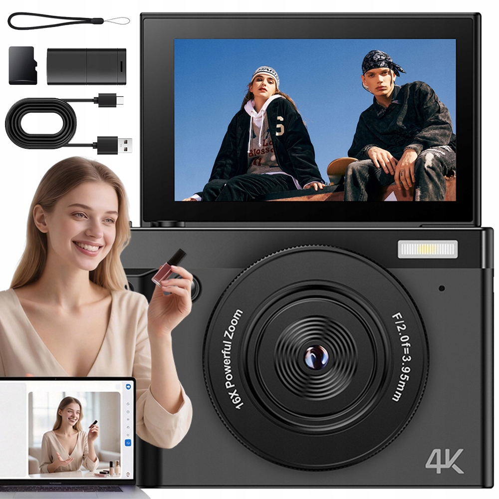 Digitální Fotoaparát 4K 64MP Zoom 16X LCD Displej 3 Palce Otočný 180° Dárek Vlog