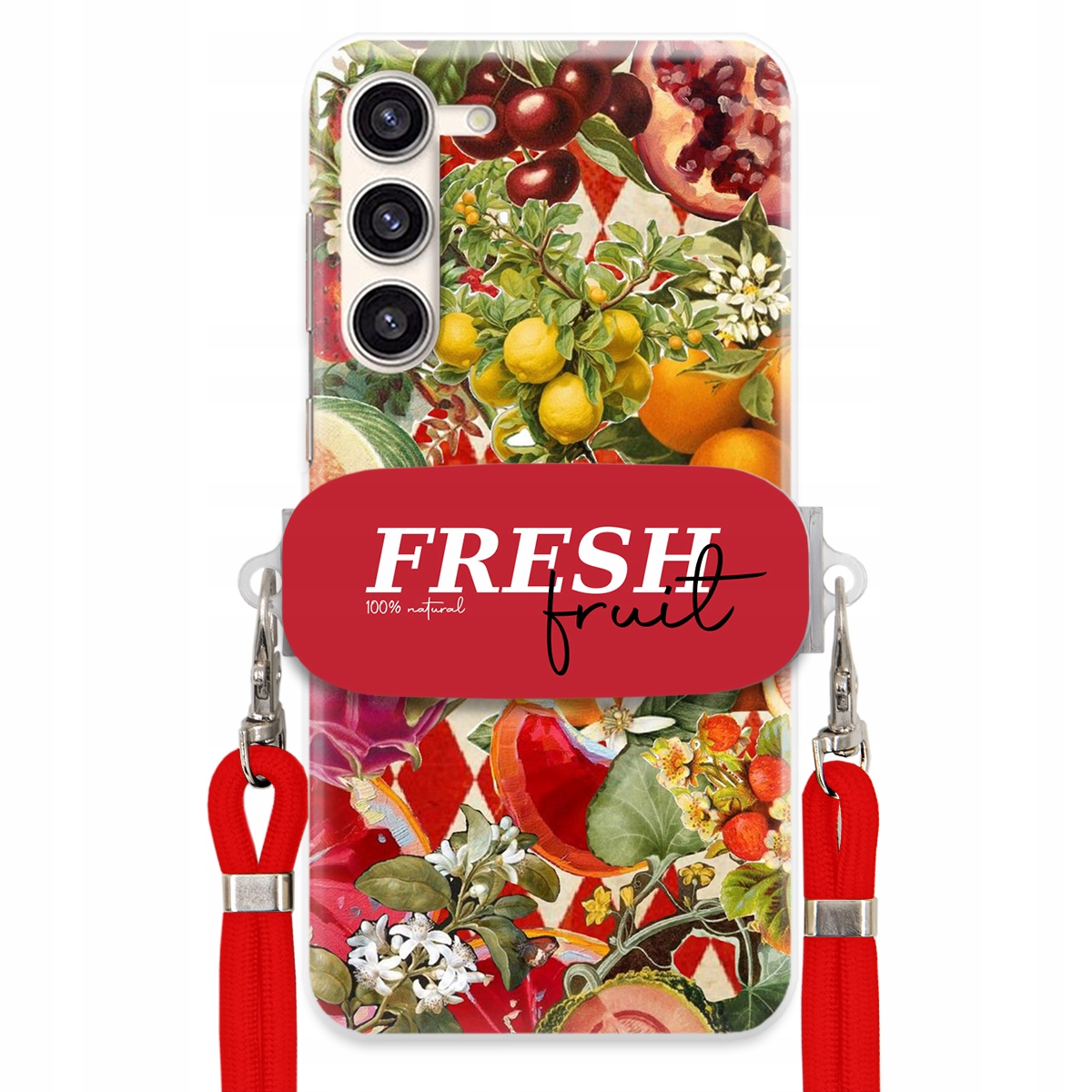 Puzdro pre Samsung S23 Červené crossbody vodítko držiak Fresh Fruit Ovocie