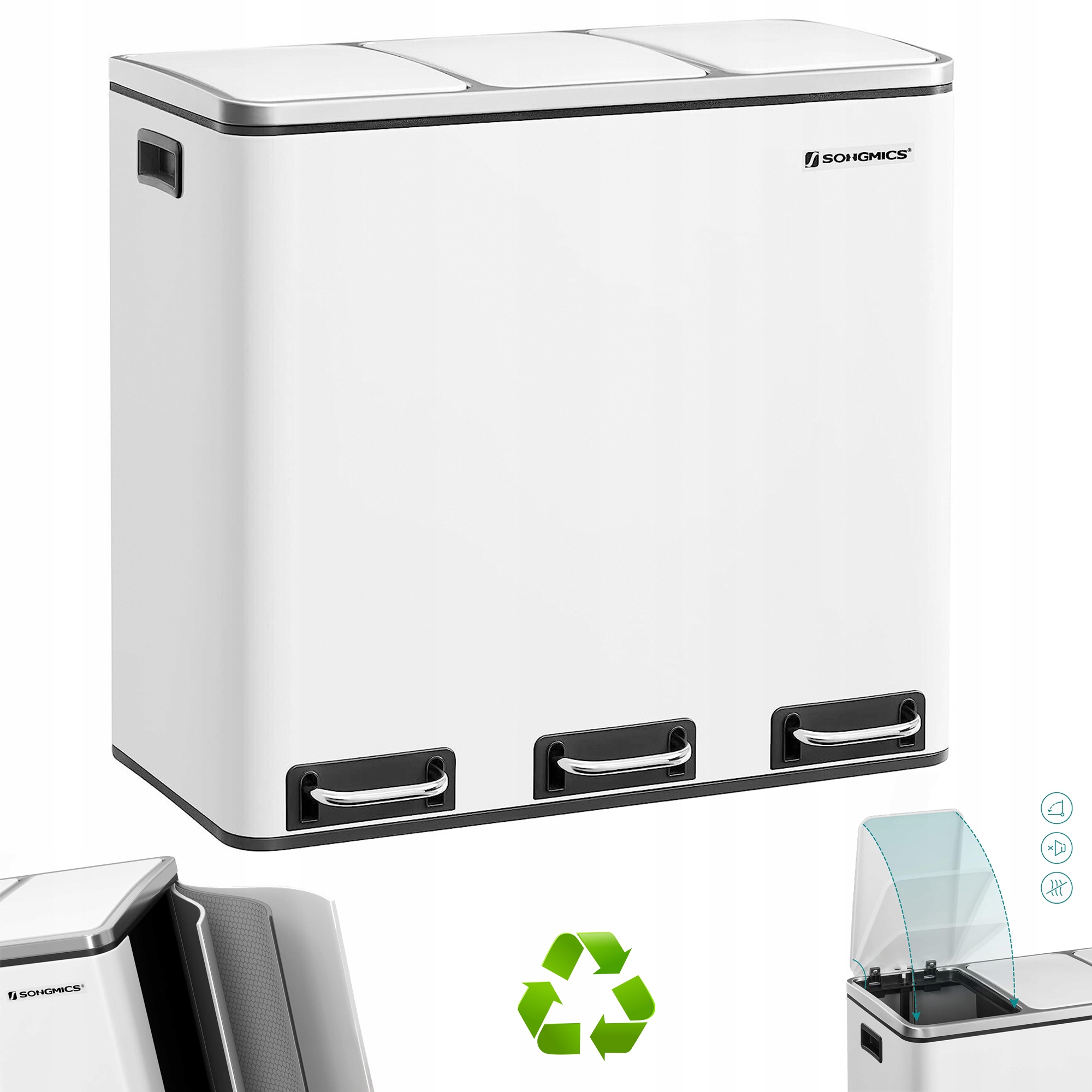 Kosz Na Śmieci Segregacja 3 X 18L Komory Biały Stal Nierdzewna 54L