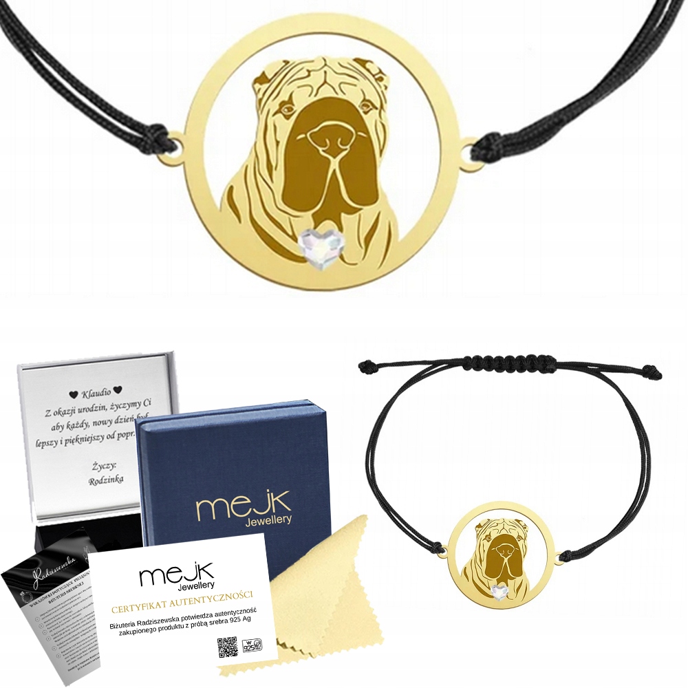 Zlatý náramek se psem Shar Pei Stříbro 925 Šňůra Dárek Gravírování Bonus