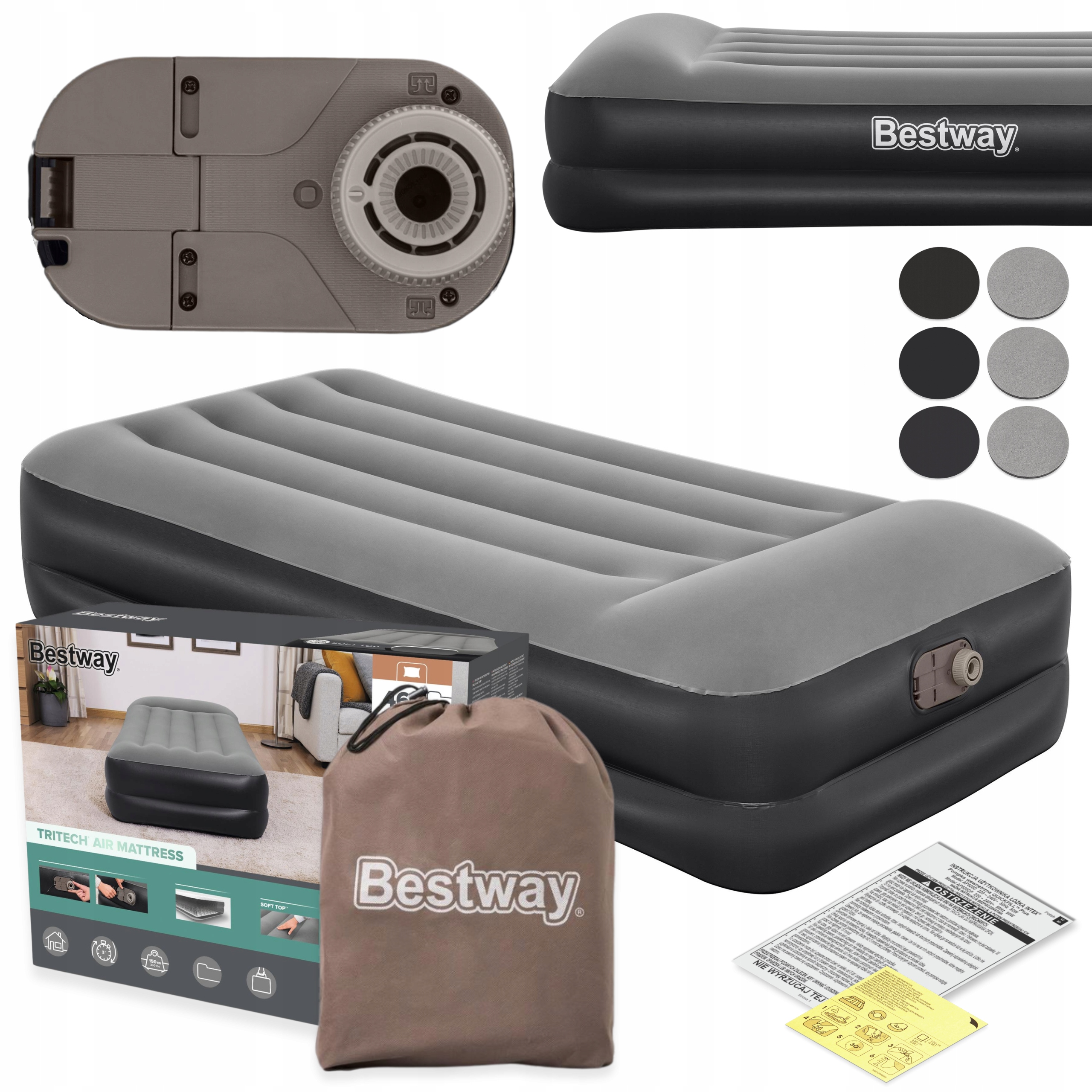 Materac Dmuchany Jednoosobowy Welurowy Łóżko Bestway Pompką 230V+ŁATKI 6szt