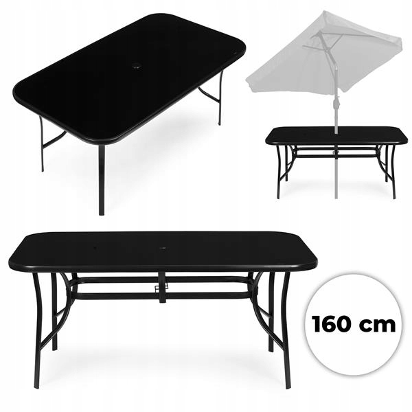 Zahradní stůl 160 x 90 cm tvrzené sklo otvor pro černý slunečník MultiGarden