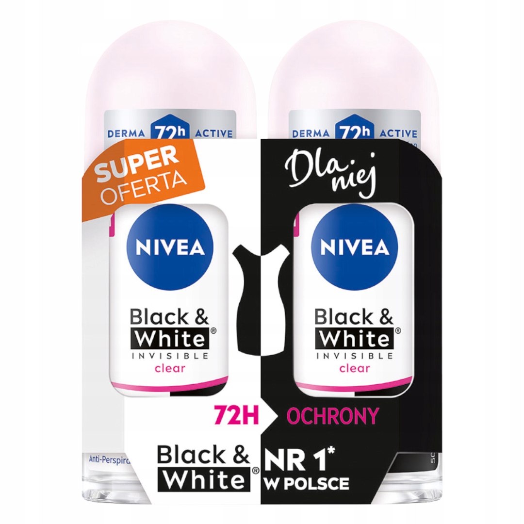NIVEA Duopack Black&White Invisible Clear Antyperspirant roll-on, 2x50ml