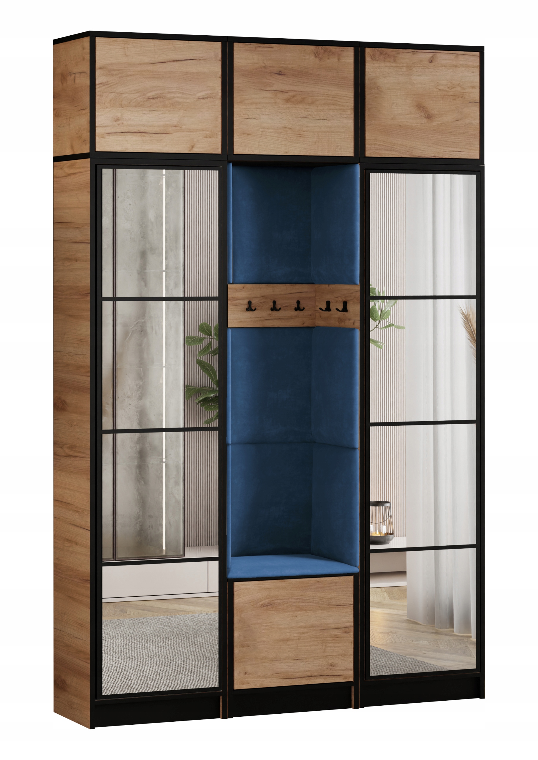 Šatní skříň Costa 12 dub craft modrá tkanina, sedák s nástavcem